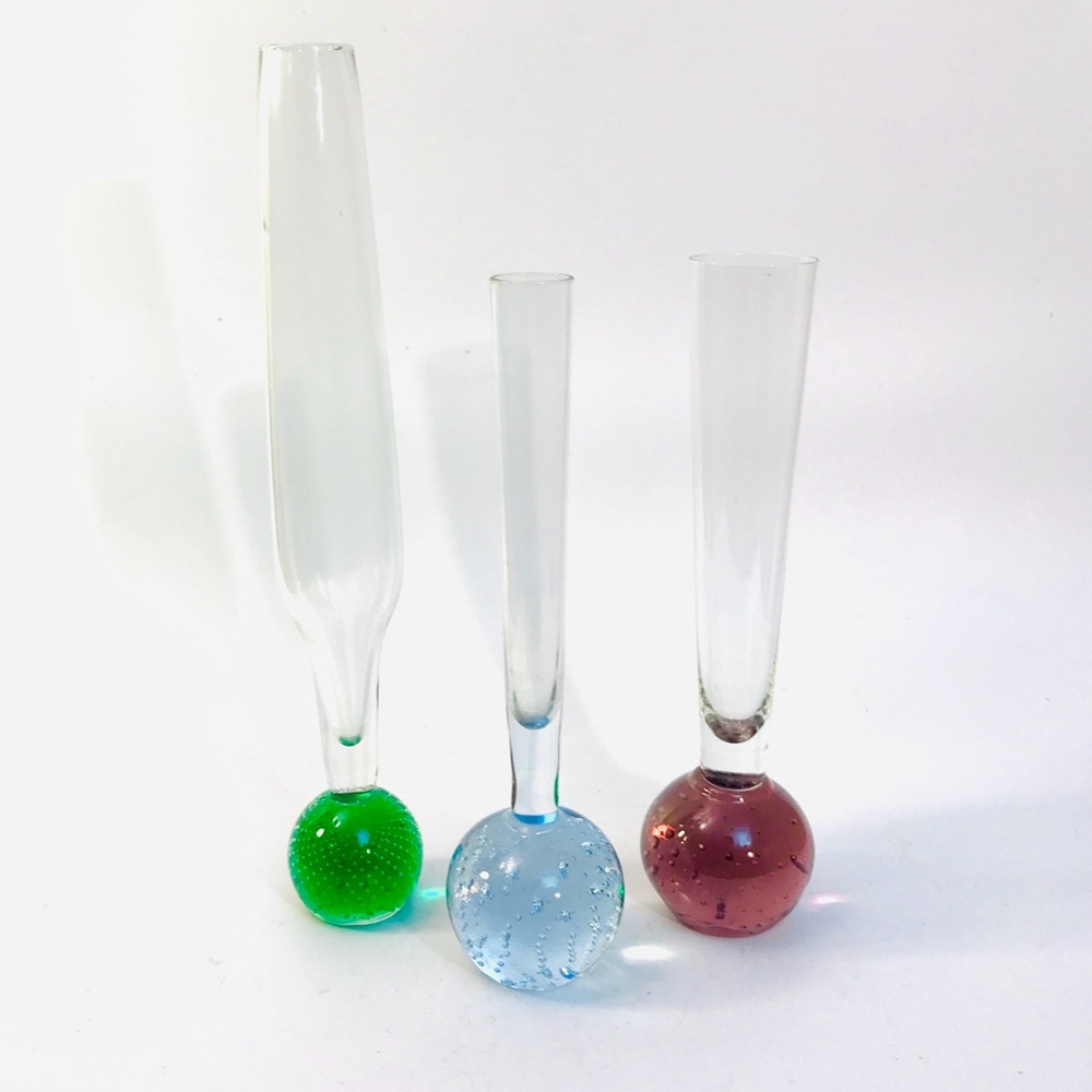 3 Vintage MCM Controlled Bubble Ball Bud Vases 10" 8" Green Blue Purple